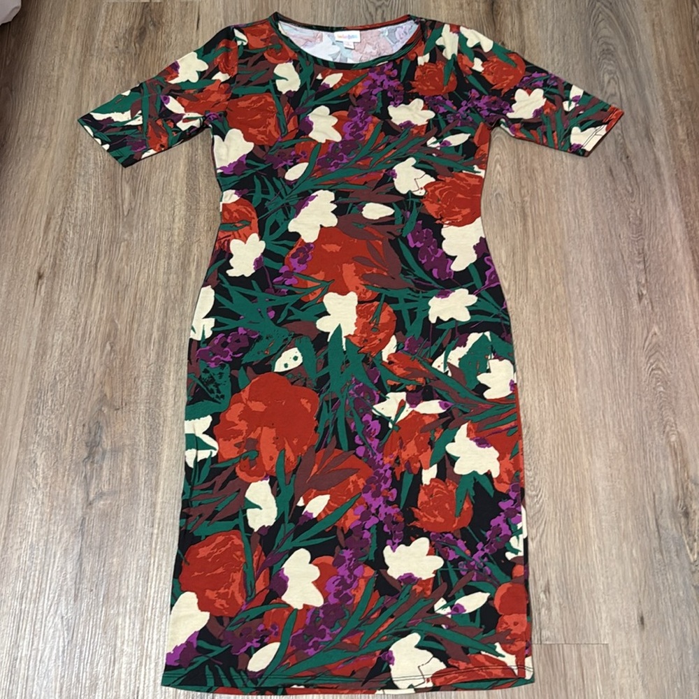 LuLaRoe Red and Green Julia Sheath Midi Dress
